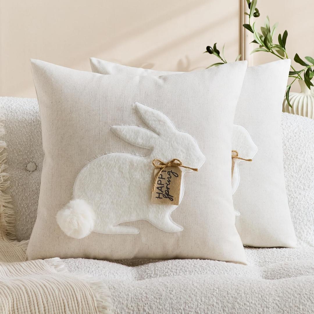  Easter Throw Pillow Covers,20" x 12" (Pack of 2) Inch,Gold Trim Bunny Embroidered Bunny Spring Decor Soft Living Room Easter Decorative Pillow Cases