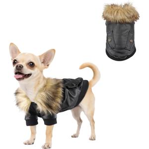 PETLESO Dog Coat for Small Dogs, Dog Leather Jacket Waterproof Windproof, Double Layer Warm Dog Winter Coat with Plush Lined, Black S