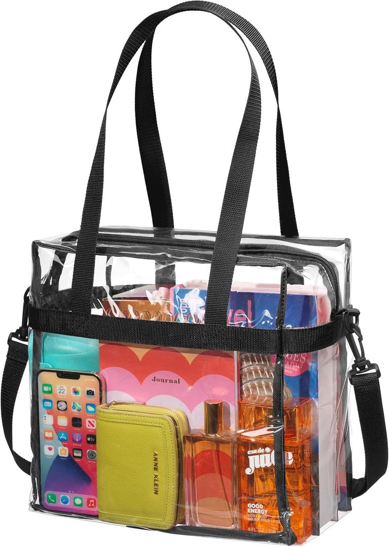 Handy Laundry Clear Tote Bag Stadium Approved - Shoulder Straps and Zippered - Clear Bag for Work, Sports Games and Concerts (Black)