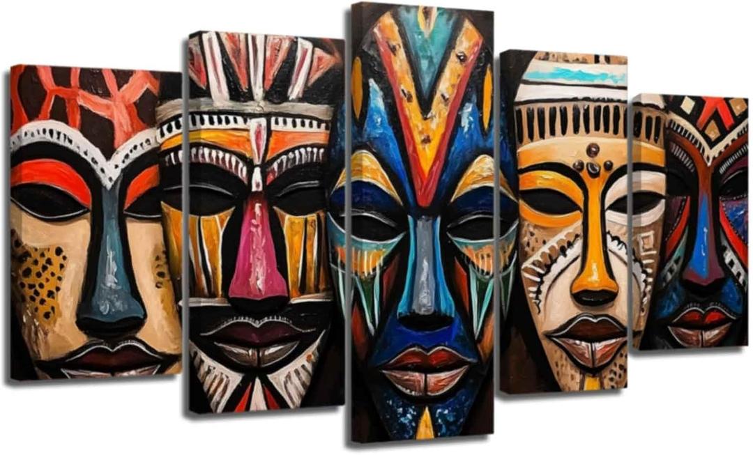 XLMDYYSW African Mask Canvas Wall Art Set of 5 Vintage Traditional Tribal Pictures Colorful Ethnic Mask Prints Ancient Culture Painting for Living Room Framed (Black, 8x14inx2 8x18inx2 8x22inx1)
