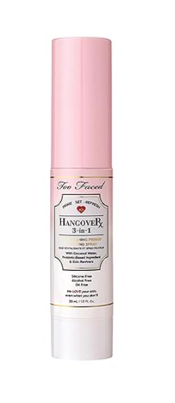 Too Faced Hangover 3in1 Primer & Setting Spray | Soothing & Hydrating Setting Spray for Face Makeup | Coconut Water | Travel Size, 1 Fl Oz, Clear
