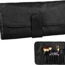 Makeup Brush Roll Up Organizer Bag Black Make Up Brush Travel Pouch, PU Leather Make up Brush Travel Case, Cosmetic Bags Holder for Women, Can Hold 12 Pockets Cosmetics Brushes
