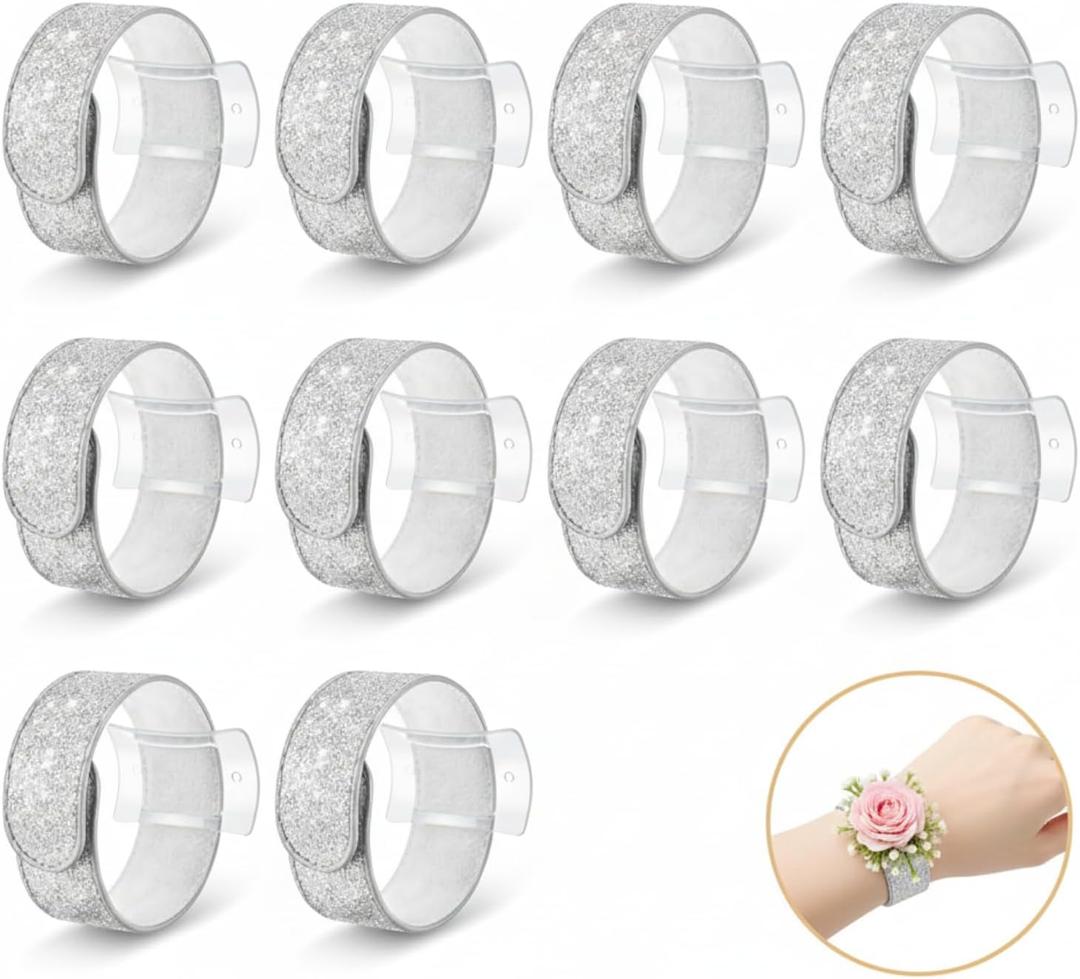 10 Pcs Silver Elegant Wrist Corsage Slap Bracelets, DIY Floral Slaplets Wristlet Bands for Wedding, Prom, Bridal Shower, Party, and Wrist Accessories
