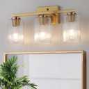 3 Light Brushed Gold Bathroom Vanity Light Over Mirror, Modern Vanity Lighting with Texture Glass Shade, Wall Mount Bathroom Light Fixtures, E26 Base