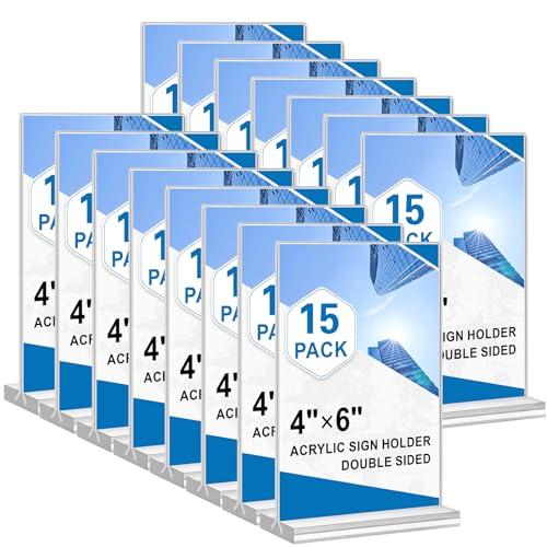 Acrylic Sign Holder 4x6, 15 Pack Clear Double Sided Menu Stand, Desktop Paper Holder Suitable for Restaurants, Office, Store, Show Fair