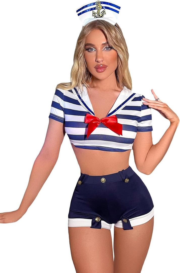 WDIRARA Women's 3 Pieces Sailor Costume Cosplay Striped Crop Top with Shorts Lingerie Set (Blue and White)