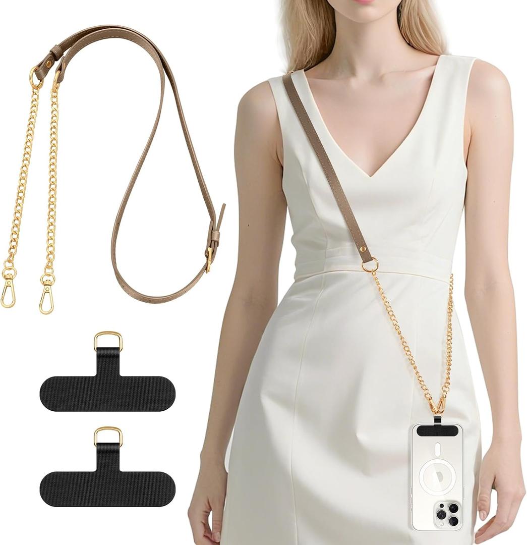 Dadanism Universal Phone Lanyard, Adjustable Cellphone Crossbody Strap for iPhone 16, 15 and Most Smartphones, Anti-Theft Metal Phone Chain for Women Girls Party Traveling Shopping, Dark Khaki & Gold