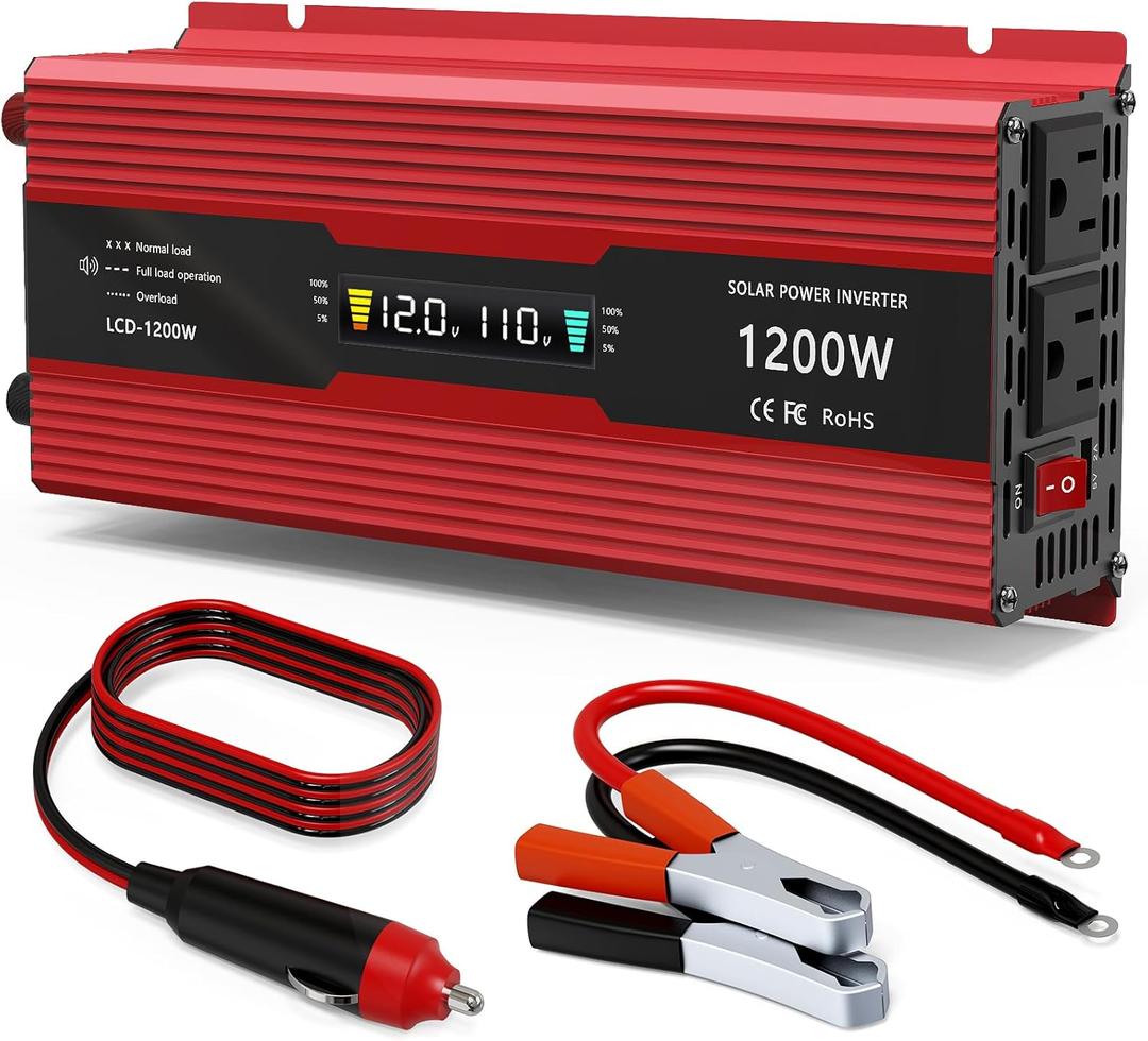 1200W Car Power Inverter DC 12V to 110V AC Converter 1200W Inverter Power Inverters with LCD Display and AC Outlets 2A USB Charging Port