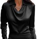 Women's Elegant Solid Satin Cowl Neck Blouse Long Sleeves Casual Business Dressy Shirts Office Work Ladies Top (Black, M)