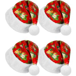 Soulchen 4 Pcs Hawaiian Santa Hats Tropical Hibiscus Christmas Hats for Holiday Christmas in July Beach Party Supplies