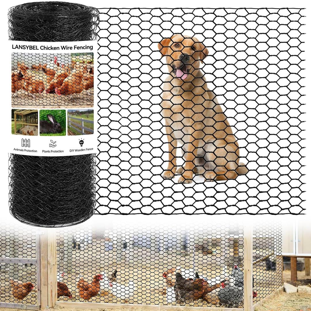 48in x 150ft Chicken Wire, Black Poultry Wire Netting, Hexagonal Galvanized Mesh, Outdoor Anti-Rust Surface Plastic Coating, Garden Fence Animal Barrier for Pet Rabbit Chicken Fencing