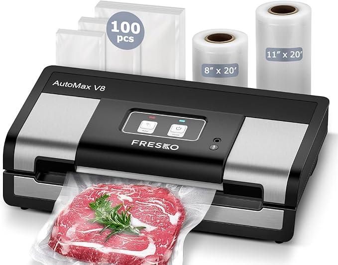 Fully Automatic Vacuum Sealer, 95Kpa Powerful Food Vacuum Sealer Machine, Auto DryWet Detection | Bag Cutter | 2 Rolls Bags | Effortless Operation, Silver  Black