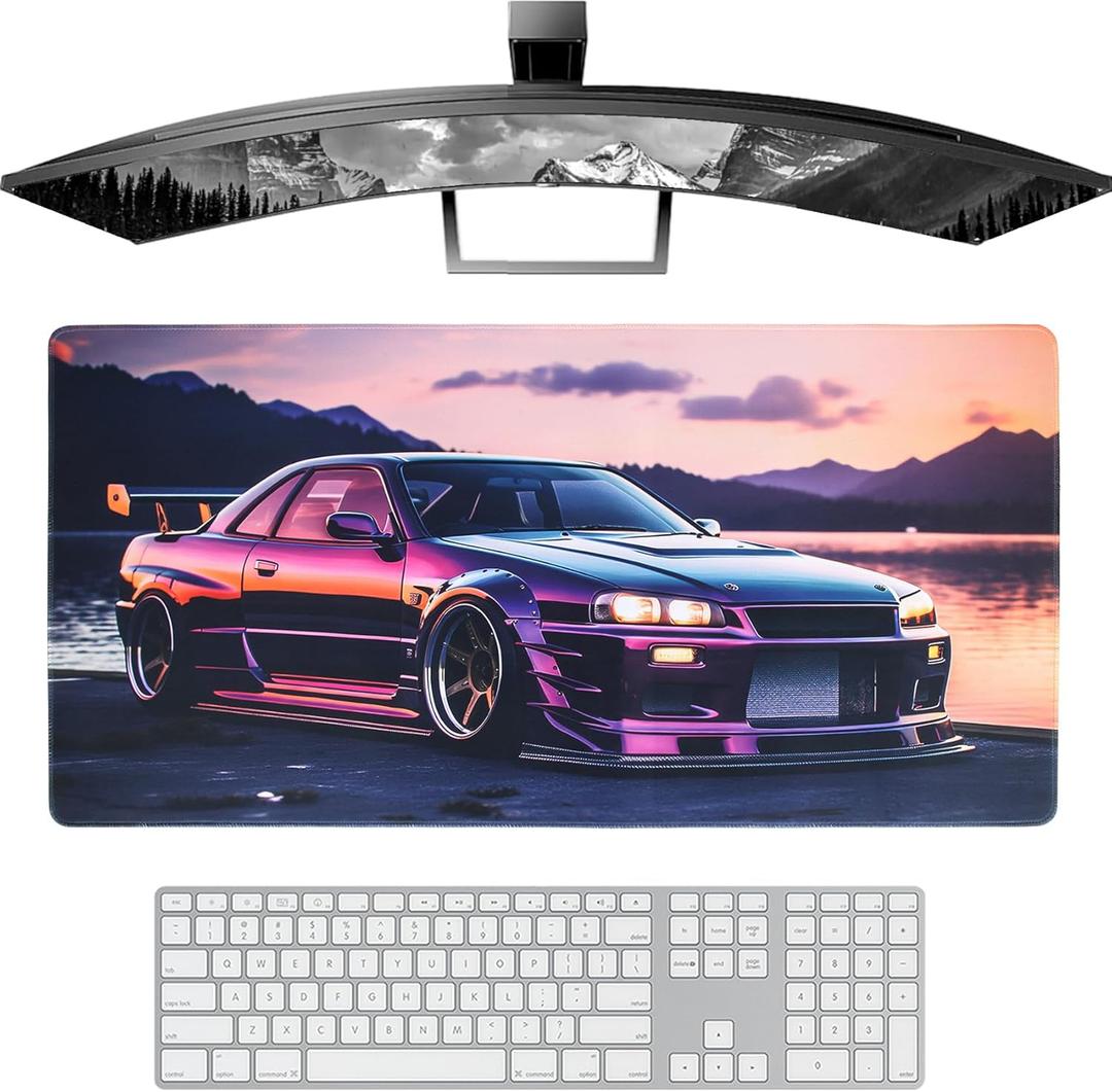 JDM Car R34 Large Mouse Pad Japanese Car Purple Sea Cool Desk Mat Computer Accessories Gaming Office Organizers Supplies Decor Essentials Keyboard Pads for Desk Rubber 30x60cm