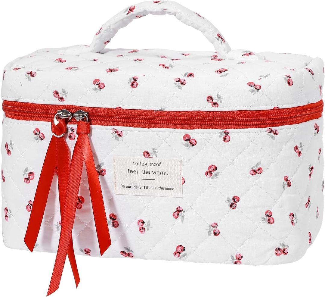senbowe Large Quilted Makeup Bag, Cotton Floral Cosmetic Bag for Women, Cute Coquette Aesthetic Makeup Bag Toiletry Bag, Travel Make Up Organizer Bag with Zipper and Ribbon (Red Cherry)