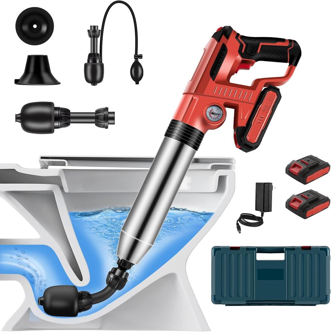 Electric Toilet Plunger with 2 batteriesDrain Clog Remover Tools,High Pressure Air Toilet Plungers Heavy Duty Plunger For Toilet,Bathroom,Floor Drain,Sewer,PipeRED (2 Batteries RED)