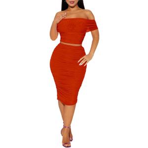 2 Piece Skirt Set Sexy Mesh Ruched Bodycon Tube Top Cocktail Party Midi Dress Club Outfits (Orange) XL