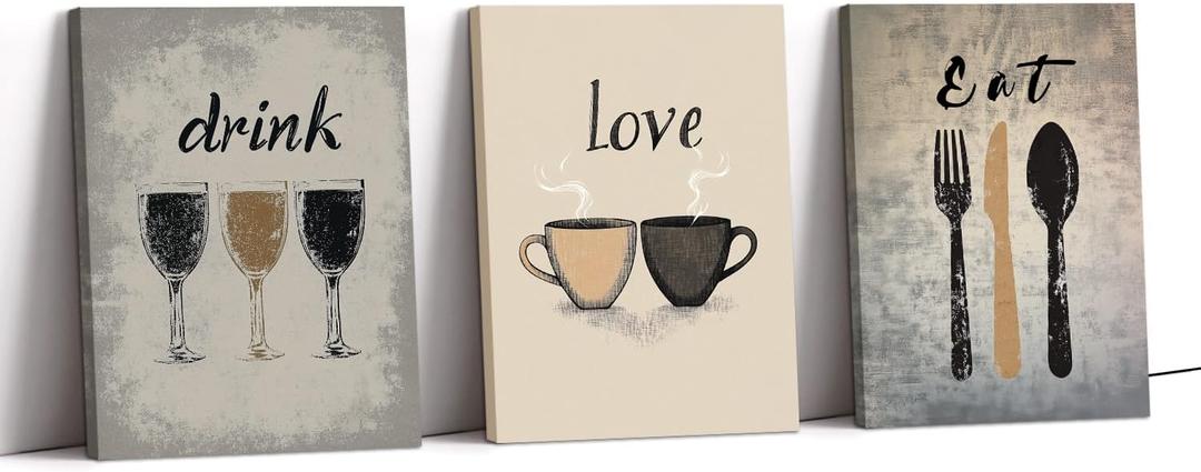 Set of 3 Kitchen Wall Art Love Eat Drink Picture Wall Decor Framed Fork Knife Coffee Wine Canvas Prints Vintage Artwork Dining Room Restaurant Bar Ready to Hang - 11"x14"x3P