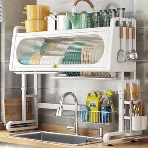 Over The Sink Dish Drying Rack 3 Tier Large Kitchen Sink Shlef Dish Rack Over The Counter Dish Drying Rack Adjustable (28.34"-31.49") (White)
