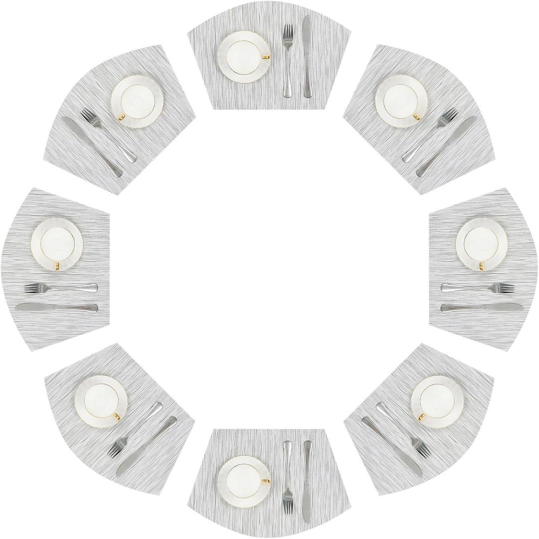 SHACOS Wedge Placemats Set of 8 Woven Vinyl Placemats for Small Round Table Place Mats Wipe Clean Non Slip Table Mats, Gray White