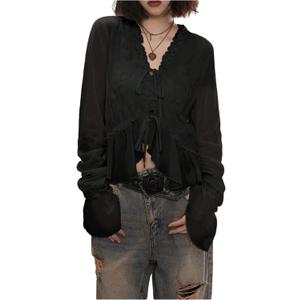 MakeMeChic Women's Long Sleeve Chiffon Mesh Blouse Ruffle Trim Tie Boho Crop Fairy Tops L