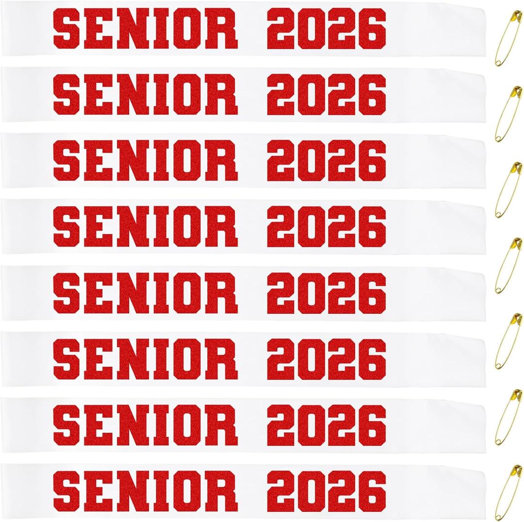 8 Pcs White Senior 2026 Sashes with Red Glitter Letters - Senior Sash Class of 2026, Graduation Celebration Cheer Sash, Class Competition Sashes, Graduation Party Supplies Favors, White and Red