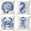 Chinoiserie Coastal Beach Pillow Covers 18x18, Blue and White Floral Seashell Sea Horse Crab Jellyfish Decorative Pillow Covers for Beach Room House Cabin Bedroom Home, Set of 4 haiyang4