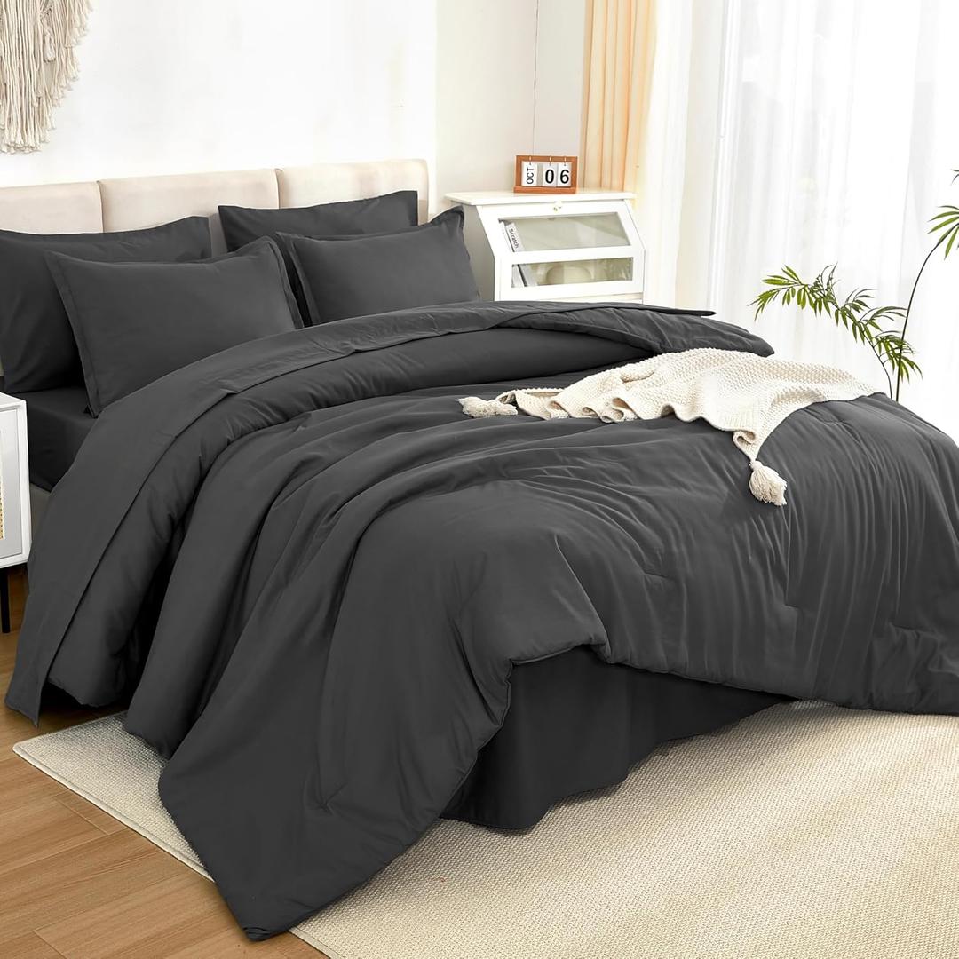 Litanika Comforter King Size Set Dark Grey - 7 Pieces Bed in a Bag King Beddding Comforter Sets, Plain Lightweight Bed Set with Comforter, Sheets, Pillowcases & Shams (King (104"x90"))