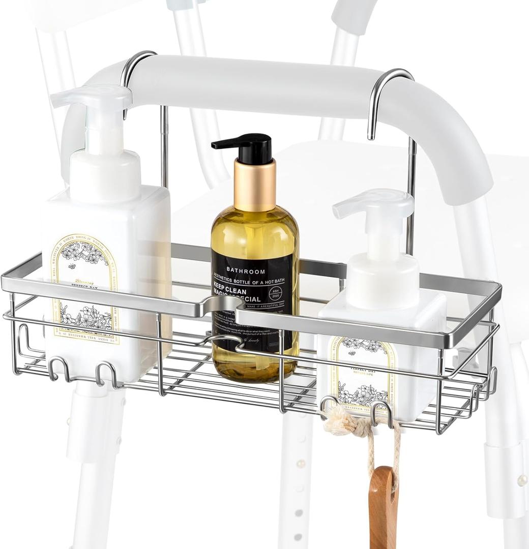 DELLAN Hanging Shower Caddy, Shower Rack with Hooks for Shower & Bath Chair, Bathroom Shower Basket for Elderly, Pregnant, Handicap, Patient (12"L4.5"W8"H, Silver)