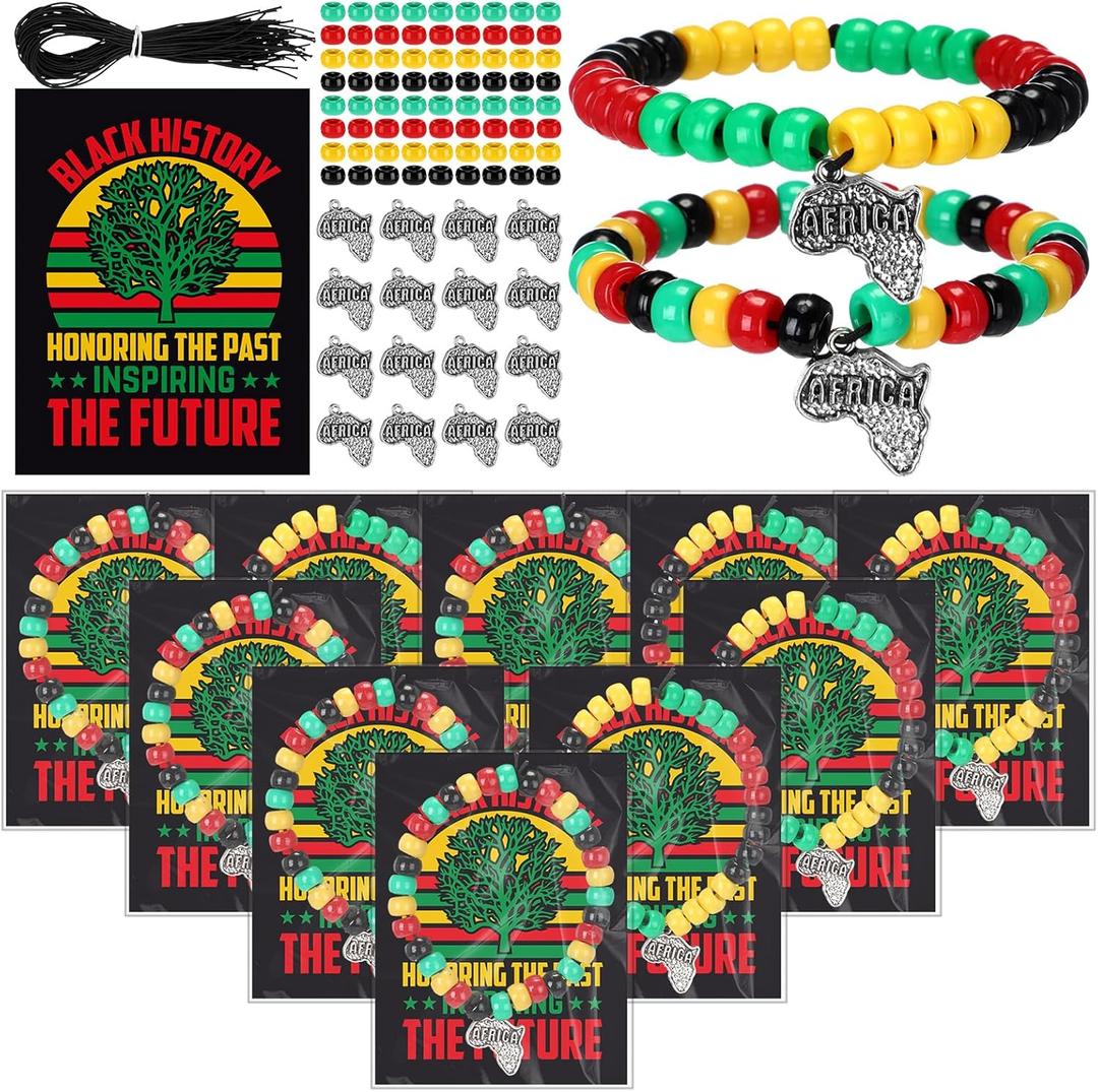 Tondiamo 50 Sets Black History Month Crafts Bracelet Making Kit Acrylic Pony Beads Africa Map Bracelet Jewelry for African American Party Activity Favors