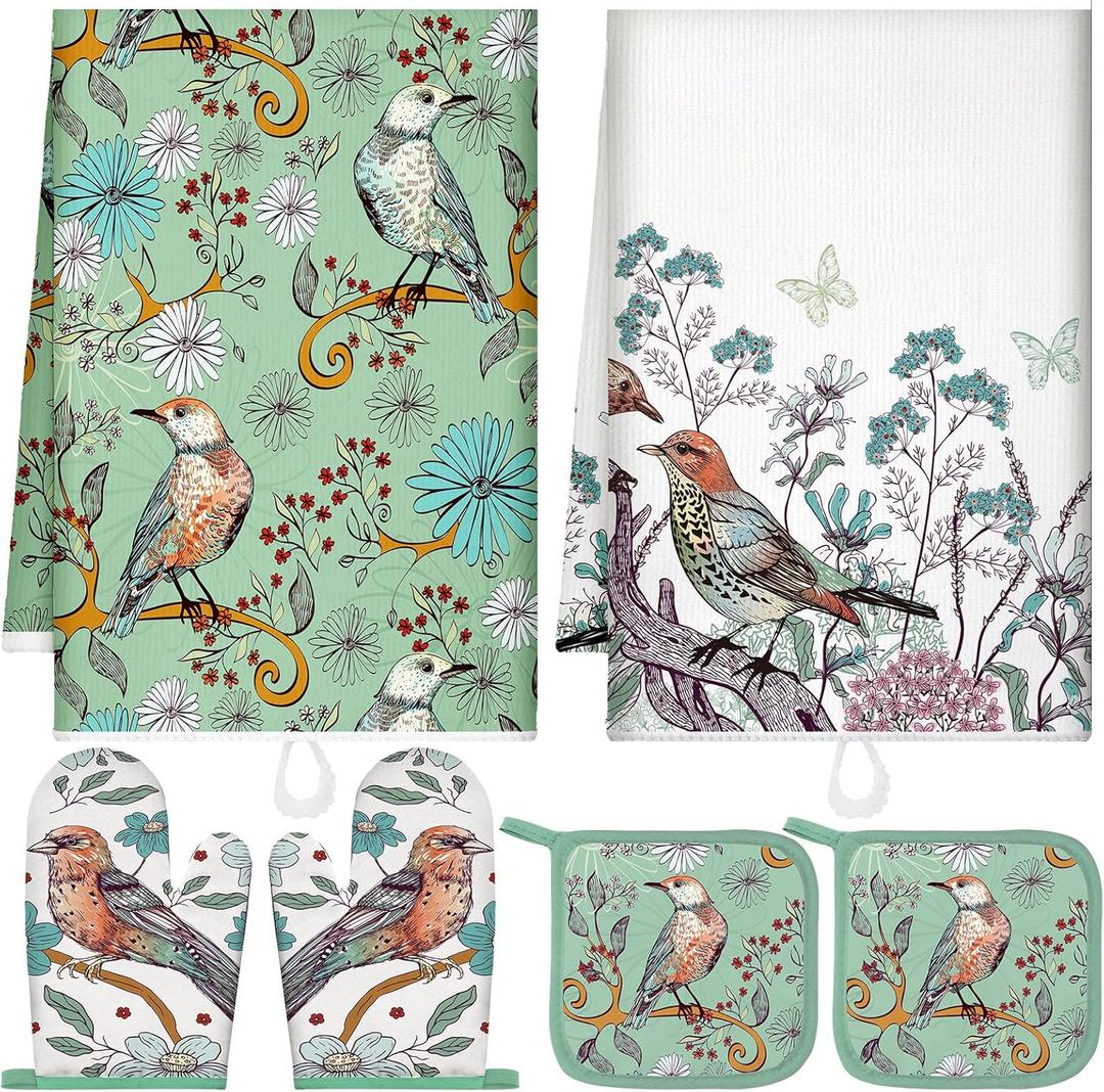 Leinuosen 6 Bird Flower Kitchen Towels Kitchen Decor and Accessories Set Floral Plant Oven Mitts and Pot Holders Sets Farmhouse Absorbent Dish Towels for Cooking Baking Grilling (Green, White)