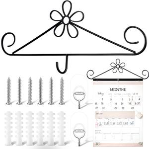 Calendar Hanger for Wall 13.8 Inch Metal Wire Scroll Black Calendar Frame with Six Expansion Screws and Transparent Adhesive Hooks Frame for Classroom Home Office Wall(Flower)
