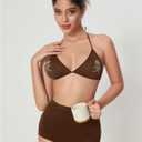 WDIRARA Women's Goth Skull Triangle Halter Bikini Top Rhinestone Tie Back Swimsuit Tops Swimwear (Brown, L)