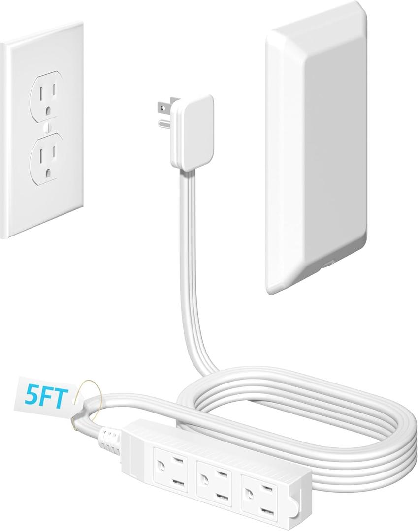 5FT Flat Extension Cord Ultra Thin Outlet Concealer with Cord Concealer Kit, Flat Outlet Extender with 3 Outlet Power Strip, Universal Size Flat Plug Power Strip for Home, ETL Listed, White