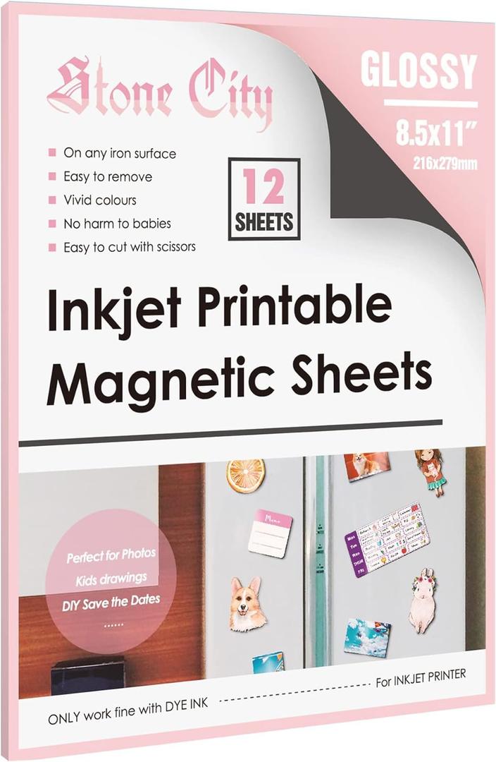 Stone City Printable Magnetic Sheets Make Refrigerator Photo Magnet Glossy Print Paper 12mil Thickness for Inkjet Printers 8.5x 11 Inches 12 Sheets