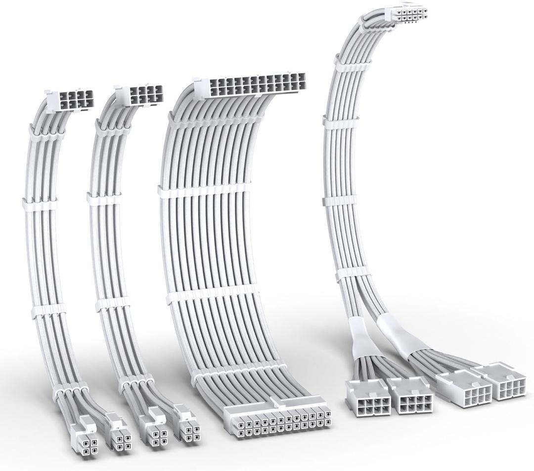 EZDIY-FAB PCIE 5.0 12VHPWR Sleeved Cable Kit, PC 16AWG Power Supply Cable Extension, 24PIN-ATX/(4+4) PIN-EPS/(12+4) PIN to 4X 8 PIN PCIE- RTX4090/4080/4070Ti Extension Cable-Pure White