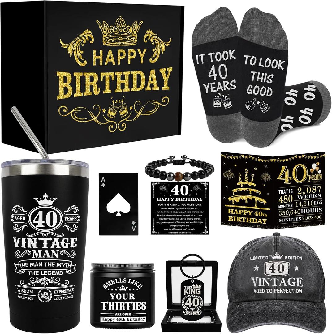 40th Birthday Gifts for Men - Unique Birthday Box with 20 Oz Tumbler, Baseball Cap, Socks, Bracelets, Scented Candle, Happy 40th Birthday Decorations for Husband, Dad, Friends, Boss