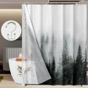 ORTIGIA 3 in 1 Waterproof Shower Curtain and Clear PEVA Liner Set with 12 Double Sided Metal Shower Curtain Hooks, Black Misty Forest Tree Soft Fabric Shower Curtain for Bathroom - 72 Wx72 L