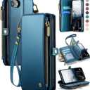 Defencase Compatible with iPhone SE 2020 2022 Case Wallet with RFID Blocking Card Holder for Women Men, PU Leather Magnetic Snap Flip Zipper Strap Wallet Phone Case Fit for iPhone SE/7/8, Dark Blue