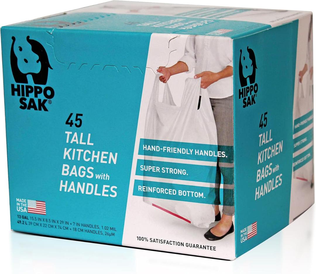 Hippo Sak - Kitchen Trash Bags 13 Gallon - Garbage Bags with Handles - 45 Count
