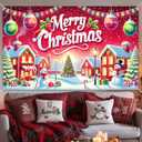 Merry Christmas Banner 71x43 Inches Winter Wonderland Village Snowman Christmas Tree Holiday Decoration Red House Snow Scene Indoor Outdoor Wall Hanging Party Yard Dcor