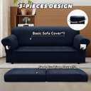 Sofa Slipcover with Armrest Pockets 3-Piece Set, Stretch Faux Leather Couch Cover for 2-Cushion Couches(Fits 72-92") - Non-Slip, Machine Washable, Pet & Kid Friendly - Navy