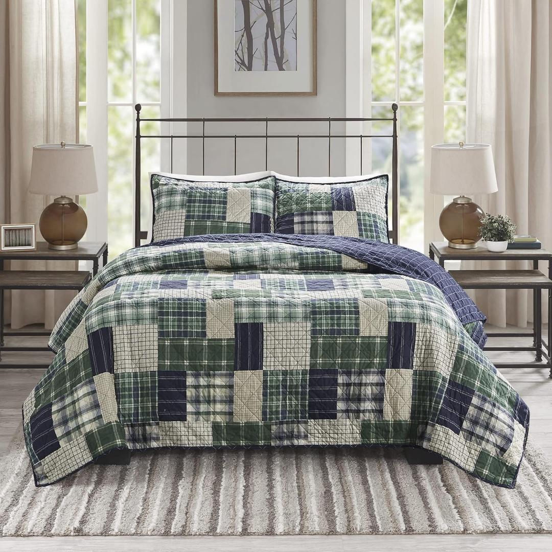 Madison Park Patchwork Farmhouse Green/Navy Queen Quilt Set, 3pc, Full/Queen