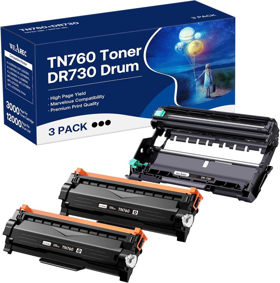 TN760 Toner Cartridge and DR730 Drum Unit Replacement for Brother TN-760 TN730 DR730 DR 730 Work with DCP-L2550DW HL-L2350DW HL-L2390DW HL-L2395DW Printer (2 Toners, 1 Drum Unit, 3Pack)