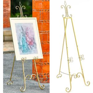 20"L x 26.75"W x 56.5"H Large Easel Stand for Display, Adjustable Heigh Metal Gold Easel Stand with Chain Support, Heavy Duty Easel for Mirror, Sign, Wedding, Picture Frame. (No Installation Required)