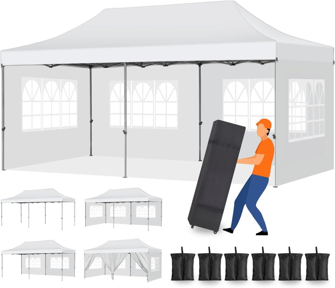 Pop Up Canopy 10x20,Heavy Duty Commercial Canopy Tent, Waterproof Outdoor Canopy with 6 Sidewalls, 3 Adjustable Height, Roller Bag, 6 Sand Bags, 4 Ropes, 12 Stakes, Frame Thickened