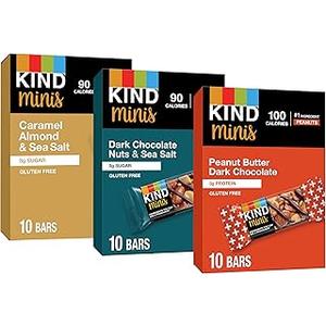 KIND Bar Minis, Variety Pack, Dark Chocolate Nuts and Sea Salt, Peanut Butter, Caramel Almond, Healthy Snacks, 3g Protein, Gluten Free, Low Sugar/Calorie Snacks, 30 Count