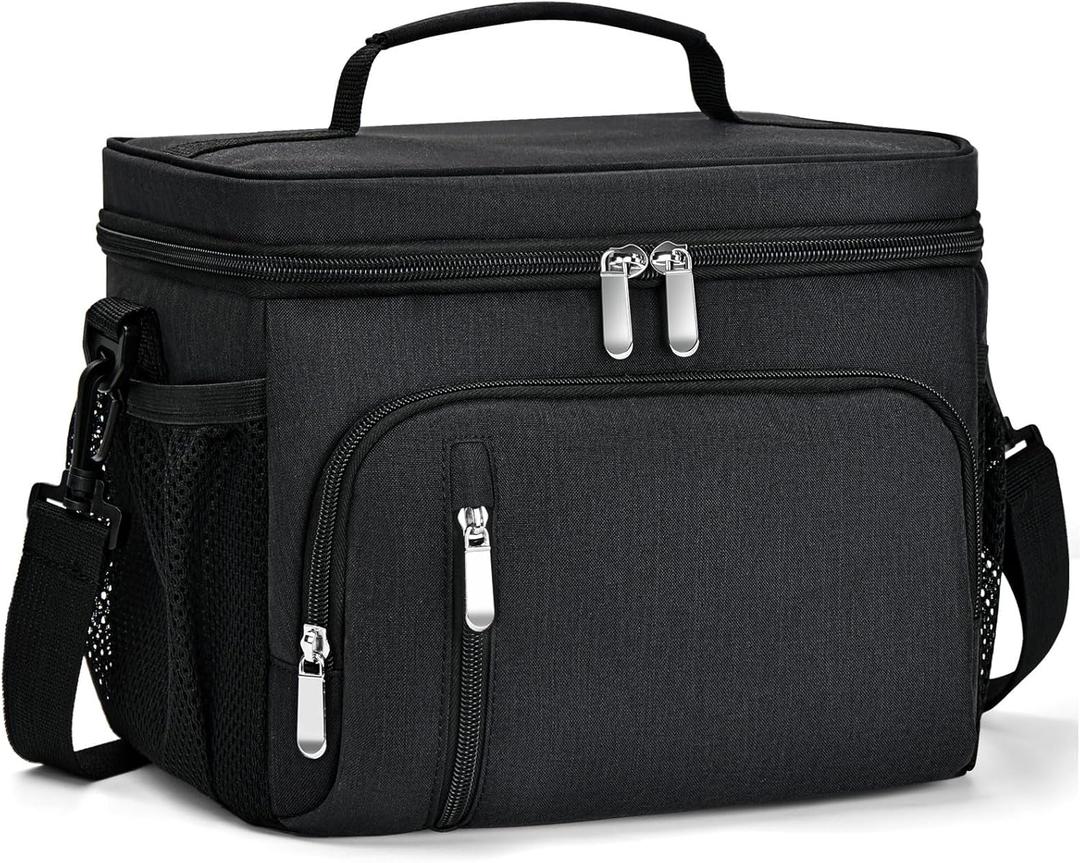 Insulated Lunch Bag for Men & Women, 9L Leakproof Lunch Box Soft Cooler Tote with 5 Pockets, 600D Oxford, EVA Lining, Adjustable Strap for Work, Picnic, Beach&Travel-Black (Single)