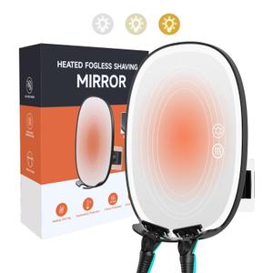 Heated Shower Mirror Fogless for Shaving, Lighted Shaving Mirror with 2 Razor Holders, 5000mAh Rechargeable No Fog Mirror for Shower with Light, Black Adhesive Steam Free Shower Mirror 360Rotation