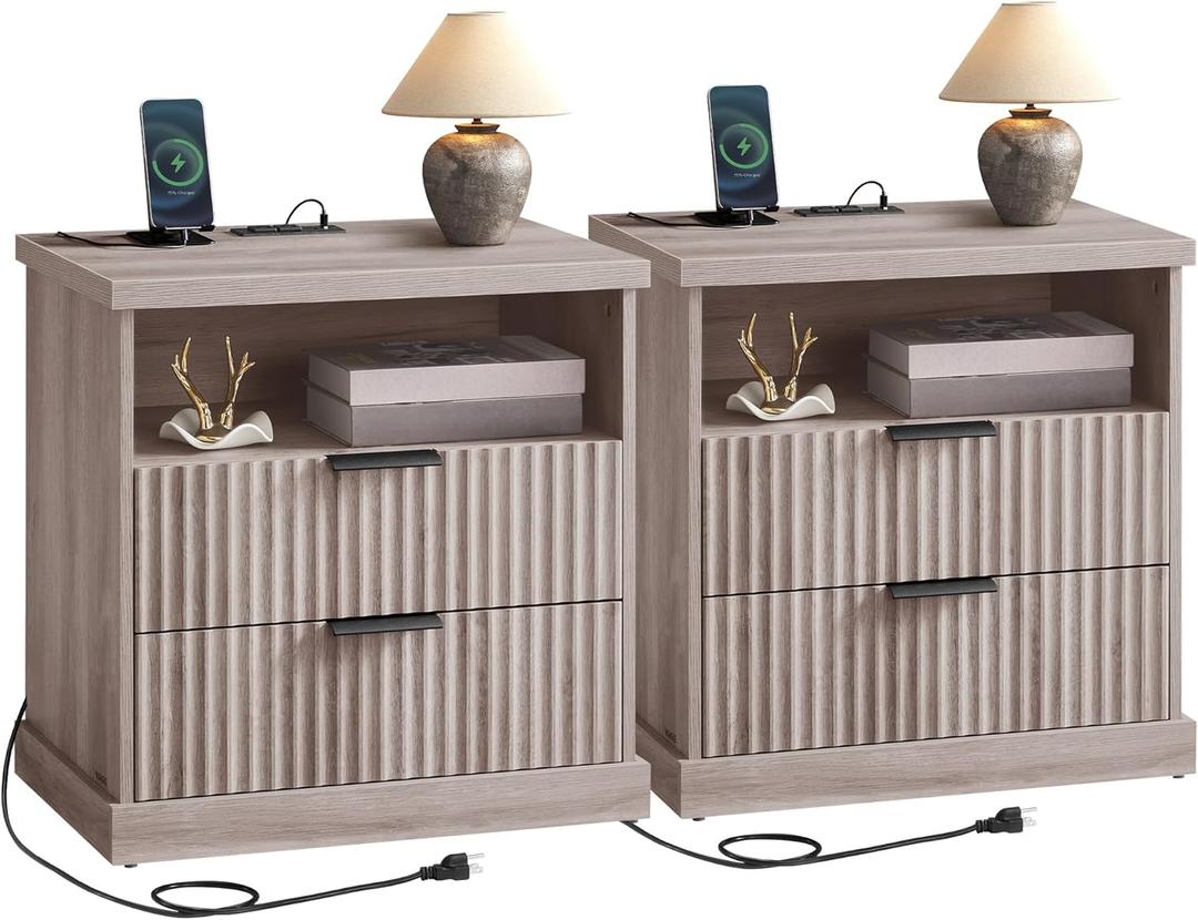 VASAGLE MAXE Collection - Set of 2 Nightstands with Charging Station, Fluted Night Stand, Bedside Table, Mid Century Modern Side End Table, 2 Drawers, 2 AC Outlets, 2 USB Ports, Washed Gray ULET926G01