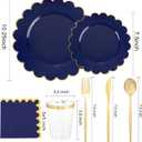 LIYH 210 Pcs Navy Blue Plates - Blue and Gold Plastic Scalloped Heavyduty Plates Disposable Dinnerware set, Gold Plastic Silverware for Wedding & Party 30 Guests